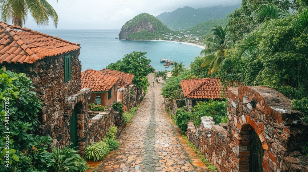 Poster a scenic view of a cobblestone road leading to a beach with calm waters and lush greenery