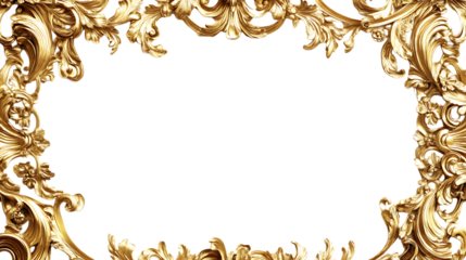 Golden frame with floral ornament on transparent background.