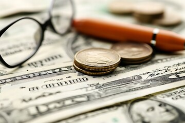 Financial Planning:  Close-up of Dollar Bills, Coins, Pen, and Eyeglasses