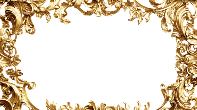 Golden frame with floral ornament on transparent background.
