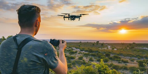 Camera Drone: Man Controlling Drone in Nature, Flying in the Sky