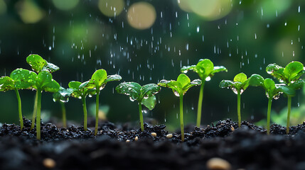 New Beginnings: A vibrant image of delicate seedlings sprouting through rich soil, nourished by a gentle rain shower, symbolizing fresh starts, growth, and the promise of a bountiful future. 