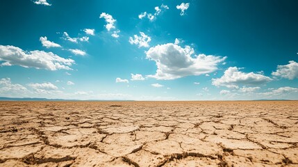 Expansive cracked earth under a bright blue sky with scattered clouds in a seemingly arid landscape during midday