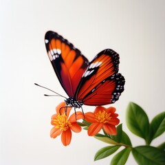 Fototapeta premium A vibrant butterfly rests on bright orange flowers, showcasing its striking wings against a soft background, embodying nature's beauty.