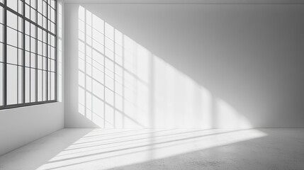 Fototapeta premium Bright sunlight casts dynamic shadows in a minimalistic, empty room with large windows during midday
