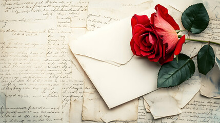 2. A timeworn letter made of white paper, with a red rose placed delicately on a stack of antique love letters.