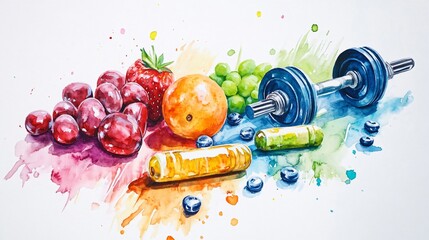 Watercolor Painting of Fitness, Nutrition, and Healthy Lifestyle