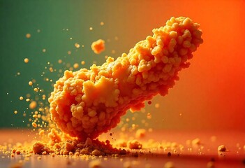 Crispy fried chicken pieces floating in the air, golden brown and tantalizing. Fried chicken pieces mid-air with crumbs and spices flying around.