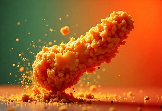 Crispy fried chicken pieces floating in the air, golden brown and tantalizing. Fried chicken pieces mid-air with crumbs and spices flying around.