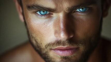 Obraz premium striking portrait of a man with piercing blue eyes, exuding confidence and depth, framed by a soft, neutral background that enhances his features