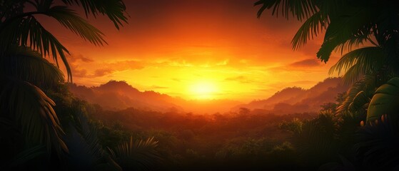 A beautiful sunset over a lush landscape, with vibrant colors illuminating the horizon and palm leaves in silhouette.