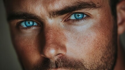 Obraz premium striking portrait of a man with piercing blue eyes, exuding confidence and depth, framed by a soft, neutral background that enhances his features