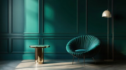 Teal velvet chair and gold side table in a sunlit emerald green room.