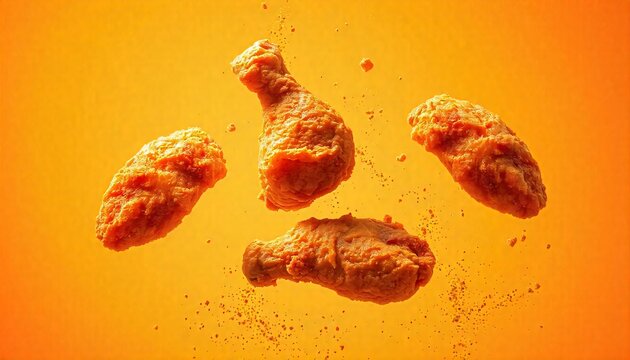 Crispy fried chicken pieces floating in the air, golden brown and tantalizing. Fried chicken pieces mid-air with crumbs and spices flying around.