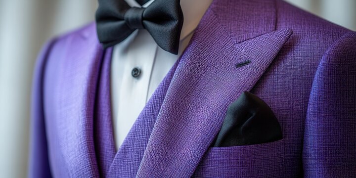 Stylish purple tuxedo with classic bow tie showcasing fine details and fabric textures perfect for formal events and celebrations