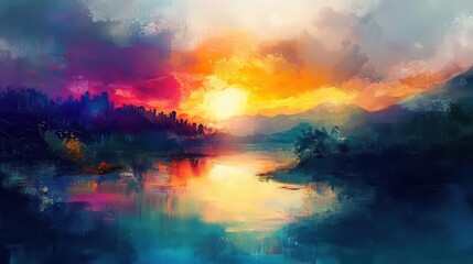 stunning landscape illustration bursting with vibrant colors, showcasing the beauty of nature in a unique artistic style. the dynamic composition invites viewers to explore its enchanting scenery