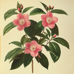 Old botanical painting of vibrant Passiflora quadrangularis flowers with delicate pink petals and lush green leaves
