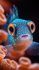 Colorful fish with striking patterns swims among coral in vibrant underwater habitat, showcasing marine life in a lively reef ecosystem during daylight hours