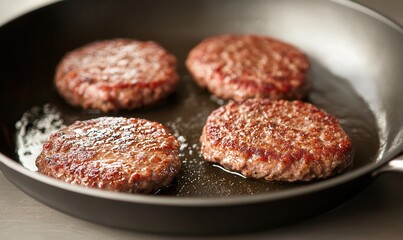 Obraz premium Juicy beef patties sizzling in a skillet, perfect for a backyard barbecue or family dinner