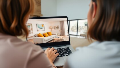 Couple use laptop to explore virtual real estate tours. Search for dream home. Modern style interior shown. Home buying tech convenient. Interior design shown on screen. Couple looking at options.