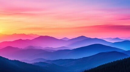 Obraz premium stunning sunset painting over majestic mountains, the sky ablaze with hues of orange, pink, and purple, casting a serene glow over the landscape as nature transitions into twilight