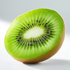 A vibrant, sliced kiwi showcasing its bright green flesh and tiny black seeds, emphasizing its juicy and fresh appearance.