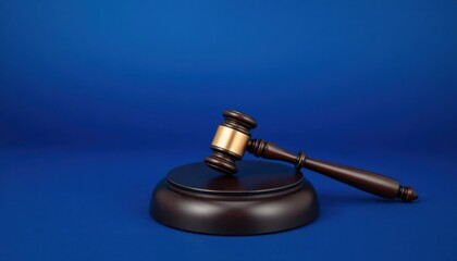 Wooden gavel on blue backdrop. Legal concept. Decision-making. Authority. Justice. Image suitable for websites related to law, legal services. Auction items. Courtroom setting. Business, legal