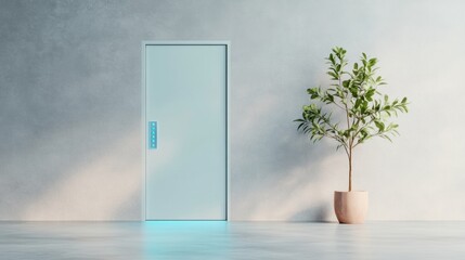 Closed modern door with digital keypad lock next to potted plant in minimal interior setting.