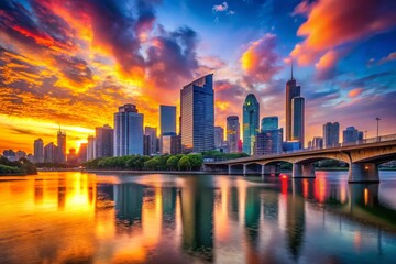 Fototapeta premium Stunning City Skyline Background Photography: Urban Landscape, Night Cityscape, Modern Architecture, Golden Hour, Aerial View