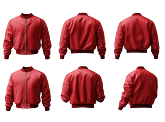 six views of a classic red bomber jacket. isolated on a transparent background the jacket is a classic style with a zipper closure and ribbed cuffs and waistband