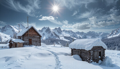 Rustic Cabins in Serene Snowy Mountain Landscape
