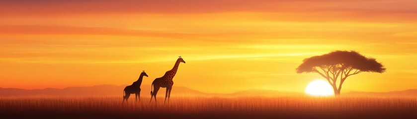 Obraz premium A majestic giraffe stands against a stunning sunset, accompanied by a lone tree, showcasing the beauty of the African landscape.