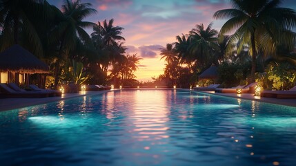 Luxurious tropical resort pool in the night.