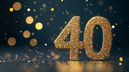 Golden sparkling number forty on a dark background with bokeh lights, symbolizing a fortieth birthday or business anniversary. A glamorous and festive invitation design.