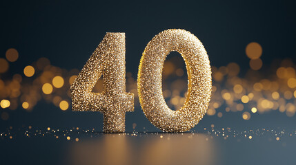 Golden sparkling number forty on a dark background with bokeh lights, symbolizing a fortieth birthday or business anniversary. A glamorous and festive invitation design.