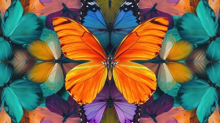 Vibrant orange butterfly centered among teal, purple, and yellow butterfly wings.