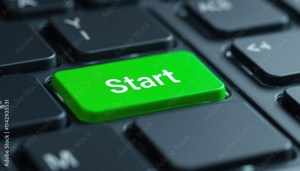 Fototapete closeup view of green start button on black computer keyboard. modern tech interface element highlig