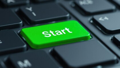 Closeup view of green start button on black computer keyboard. Modern tech interface element highlights initiative, fresh start. Digital resource for project launch task initiation. Access to
