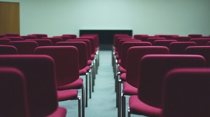 Fototapeta premium Empty maroon chairs arranged in rows in a conference room.