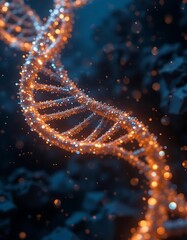 An abstract DNA helix made of glowing light strands floating in a dark, high-tech environment