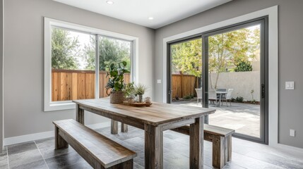 Farmhouse dining room with sliding glass doors opening to patio.