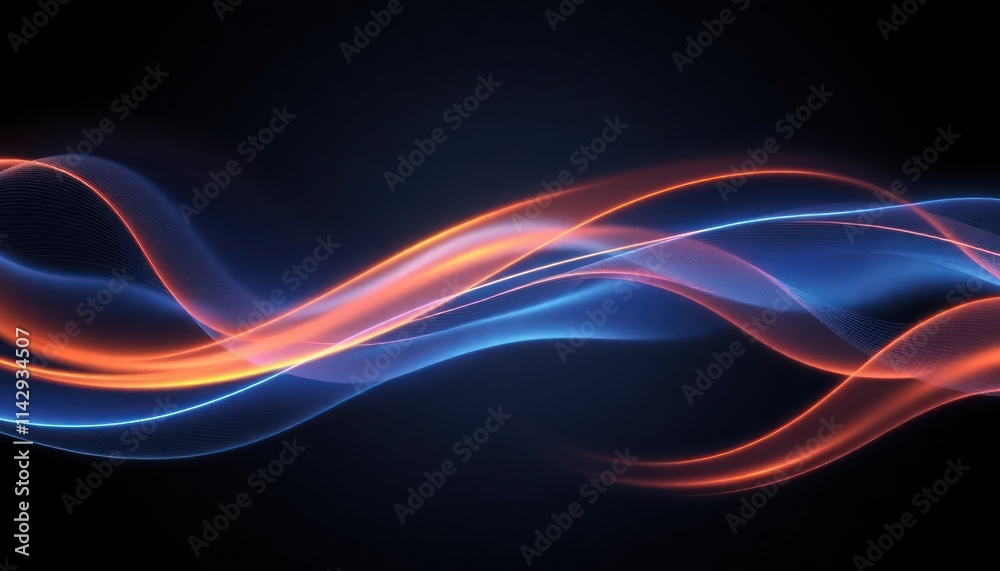 Poster abstract design with dynamic flowing lines. blue, orange light streaks create wave-like pattern on d