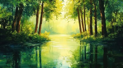 Obraz premium sunlit forest scene showcasing lush greenery surrounding a mirror-like water surface, reflecting the trees above, creating a serene mood and the beauty of nature's tranquility