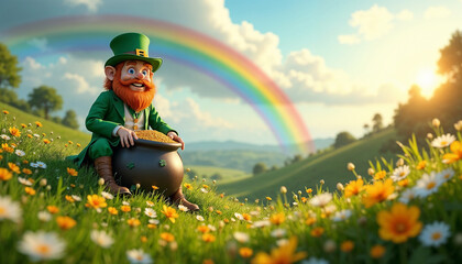 Joyful Leprechaun with Golden Treasure Against Rainbow Meadow Background