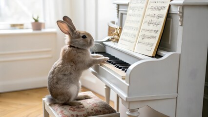 A whimsical image of a brown rabbit sitting at a piano, seemingly playing a tune. 
