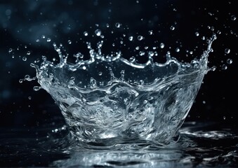 Splash of Water in Macro Close Up on Dark Blue Background. High-Detail Photography for Art and Nature Design. Educational and Scientific Use