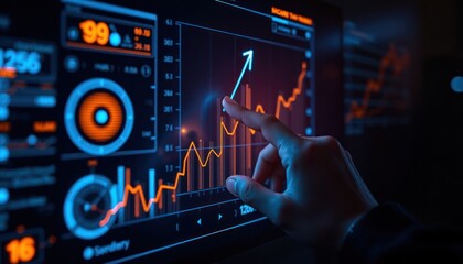 Hand touches futuristic tech interface. Graph displays upward trend. Modern tech interface shows data analysis. Person interacts with digital dashboard. Visualisation of tech growth. Innovation,