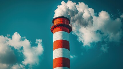 Industrial Chimney with Billowing Smoke Against Sky