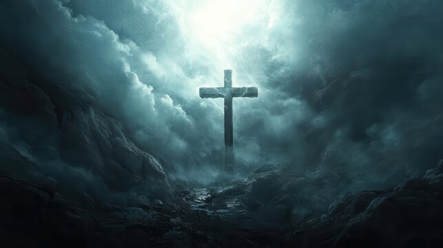 symbolic holy cross surrounded by ethereal light and clouds over golgotha hill, conveying the themes of resurrection and hope, with a serene and divine atmosphere