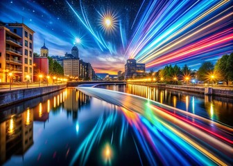Fototapeta premium Stunning Long Exposure Photography: City Lights, Night Sky, Water, Motion Blur, Abstract, Urban, Landscape, Seascape, Light Trails, Star Trails, Timelapse, Flowing Water, Dynamic, Vibrant, Colorful,